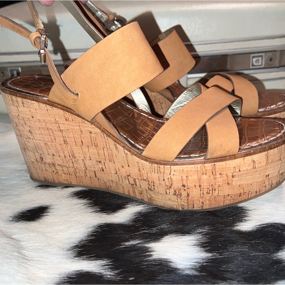 Sam Edelman Destiny Summer Caramel Cork Platform Wedge Sandals Sz 9 EUC Leather